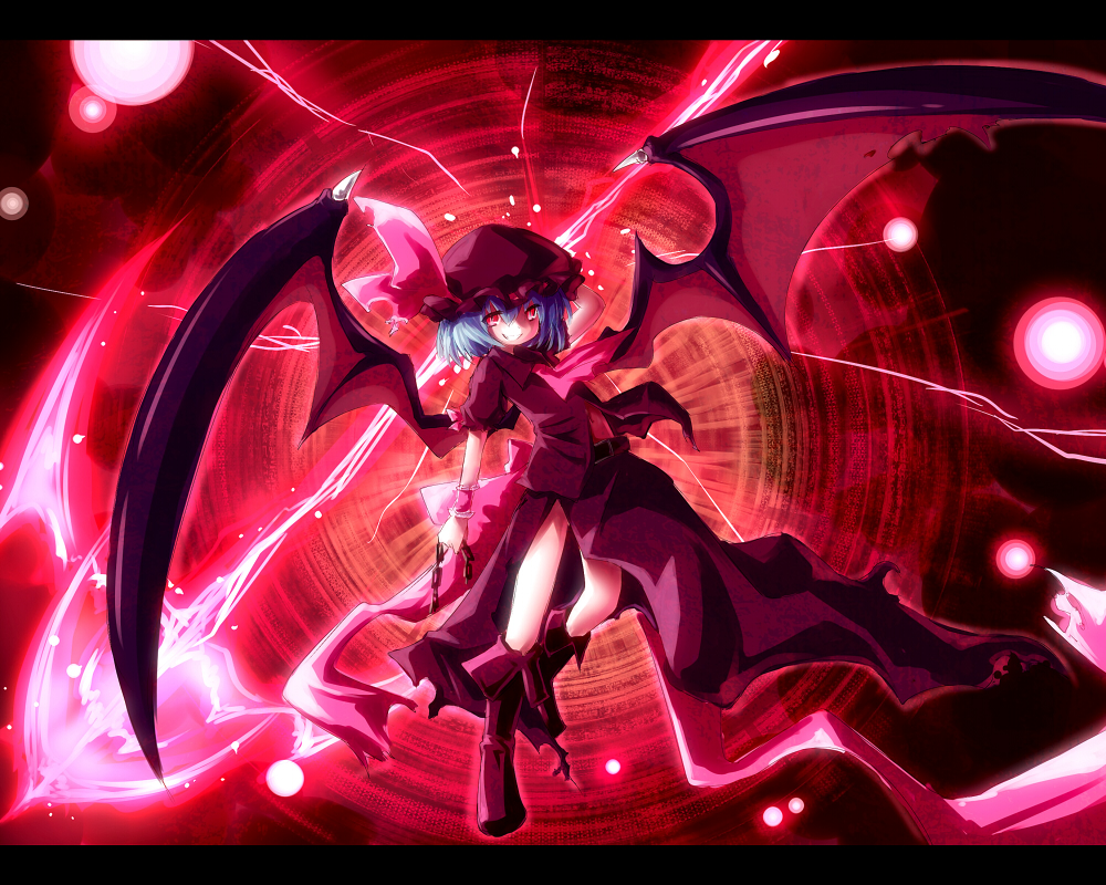 ascot ayakashi_(monkeypanch) bat_wings blue_hair chain hat letterboxed no_panties red_eyes remilia_scarlet short_hair solo spear_the_gungnir touhou wings wrist_cuffs