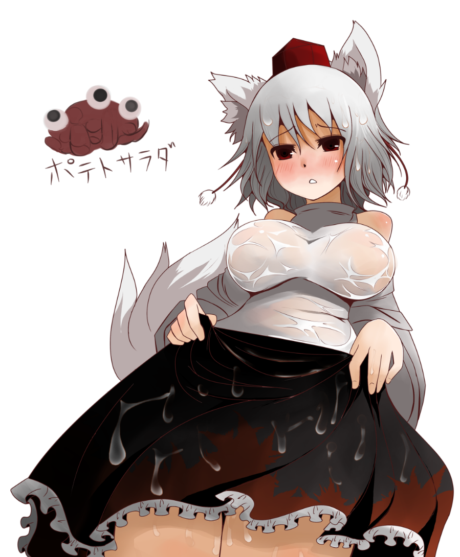 animal_ears arano_oki breasts grey_hair hat inubashiri_momiji large_breasts red_eyes solo tail the_iron_of_yin_and_yang tokin_hat touhou wet wet_clothes wolf_ears wolf_tail