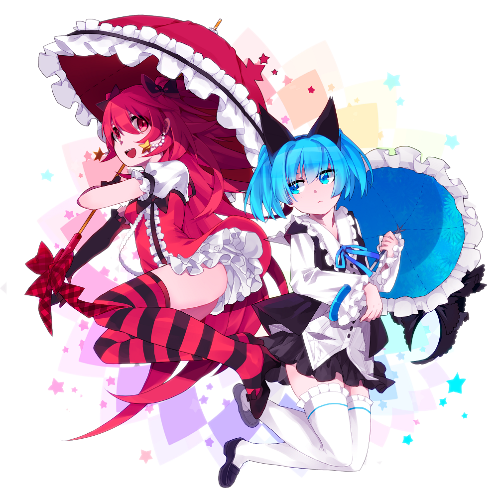 :d animal_ears blue_eyes blue_hair bow earrings frills hair_bow jewelry long_hair luminous_blue_variable mizushirazu multiple_girls open_mouth original parasol personification red_eyes red_hair red_supergiant short_hair skirt smile star star_earrings striped striped_legwear thighhighs twintails umbrella zettai_ryouiki