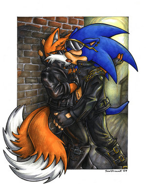 anthro canine duo fox gay hedgehog kissing low_res lowres male mammal miles_prower sega sonic_(series) sonic_the_hedgehog unknown_artist