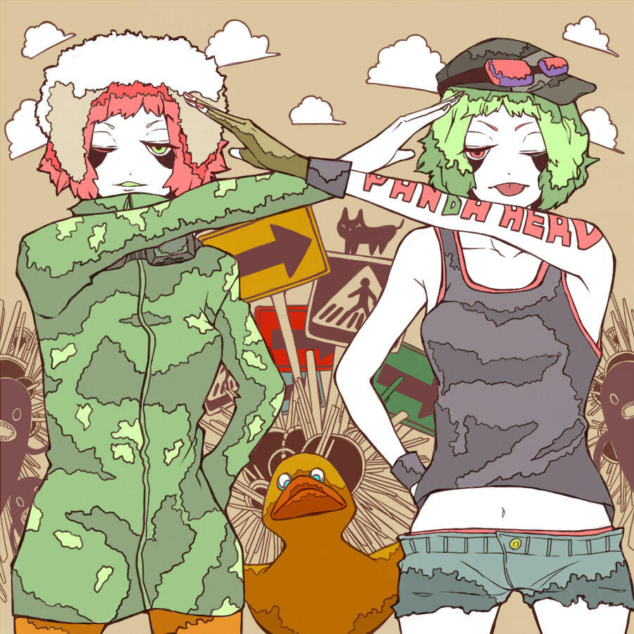 ;p bad_id bad_pixiv_id baseball_bat dual_persona fingerless_gloves gloves goggles goggles_around_neck goggles_on_head green_eyes green_hair gumi multiple_girls navel one_eye_closed panda_hero_(vocaloid) pink_eyes pink_hair rubber_duck short_hair shorts tongue tongue_out vocaloid