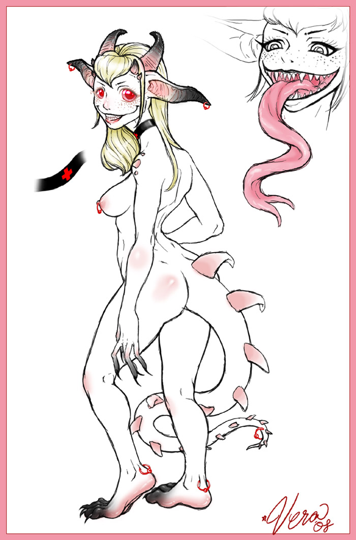 bethany_sellers choker claws demon female horns monstergirl nude piercing pointy_ears tongue