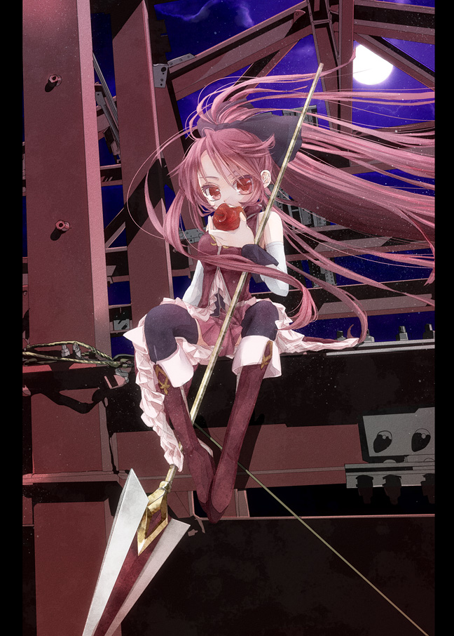 218 apple bad_id bad_pixiv_id boots bow eating food fruit hair_bow mahou_shoujo_madoka_magica polearm ponytail red_eyes red_hair sakura_kyouko solo spear thighhighs weapon