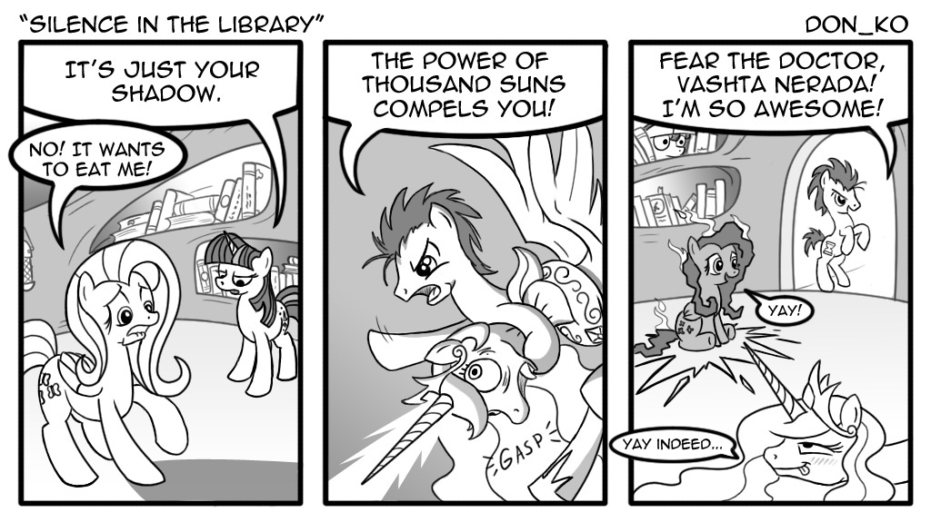 blush book bookshelf burnt comic crossover crown cutie_mark dialog doctor_who doctor_whoof_(mlp) doctor_whooves_(mlp) don_ko english_text equine female feral fluttershy_(mlp) friendship_is_magic group hair horn horngasm horns horse long_hair male mammal monochrome my_little_pony open_mouth pegasus pony princess princess_celestia_(mlp) royalty shadow smoke text tongue tongue_out twilight_sparkle_(mlp) unicorn winged_unicorn wings