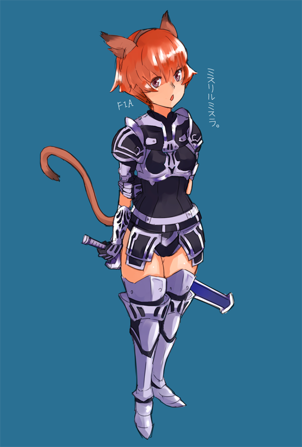animal_ears armor bad_id bad_pixiv_id cat_ears cat_tail final_fantasy final_fantasy_xi gloves mithra nosuku orange_hair red_hair short_hair solo sword tail thighhighs weapon