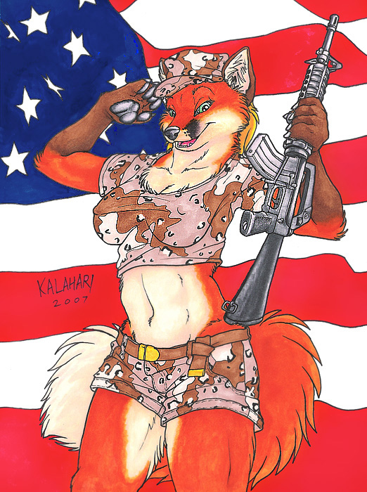 2007 camo canine female flag fox gun hat kalahari looking_at_viewer midriff military navel oorah open_mouth salute shorts skimpy solo tail tight_clothing weapon