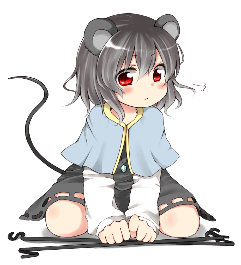 :&lt; animal_ears blush capelet dowsing_rod face grey_hair jewelry kneeling mouse_ears mouse_tail nanana_(chicken_union) nazrin pendant red_eyes sitting solo tail touhou wariza