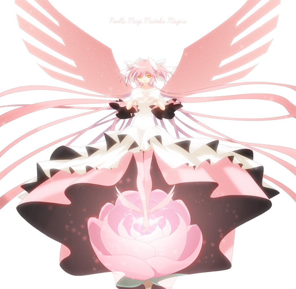alternate_costume bad_id bad_pixiv_id boots bow dress flower full_body gloves hair_bow hands_on_own_chest kaname_madoka long_hair mahou_shoujo_madoka_magica pink_flower pink_footwear pink_hair pink_rose rose simple_background solo spoilers sumizuki thighhighs two_side_up ultimate_madoka very_long_hair wings yellow_eyes