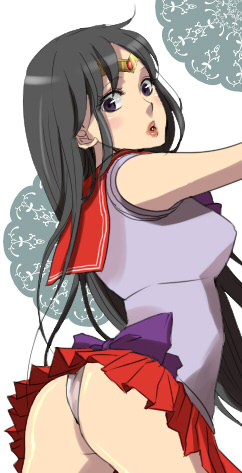 1girl ass bishoujo_senshi_sailor_moon black_hair blush eye_contact hino_rei lips long_hair looking_at_another looking_at_viewer lowres open_mouth pleated_skirt purple_eyes sailor_mars skirt skirt_lift solo solo_focus white_background