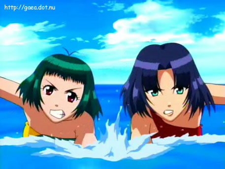 2girls angry bare_shoulders blue_hair cloud clouds farah_oersted green_eyes green_hair long_hair marone_bluecarno race racing red_eyes rival rivalry rivals serious short_hair sky strapless swimming tales_of_(series) tales_of_eternia water
