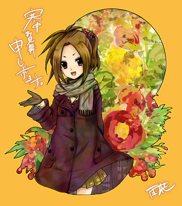 bad_id bad_pixiv_id brown_hair coat gloves hair_ornament open_mouth original ponytail red_eyes scarf short_hair skirt smile solo uka_(color_noise)