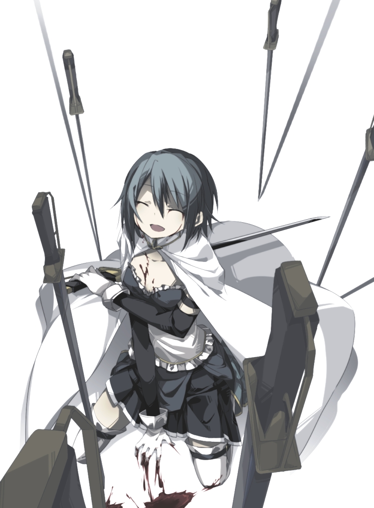 bad_id bad_pixiv_id blood blue_hair cape ciel_arc closed_eyes cuts from_above injury kneeling magical_girl mahou_shoujo_madoka_magica miki_sayaka short_hair smile solo sword thighhighs weapon