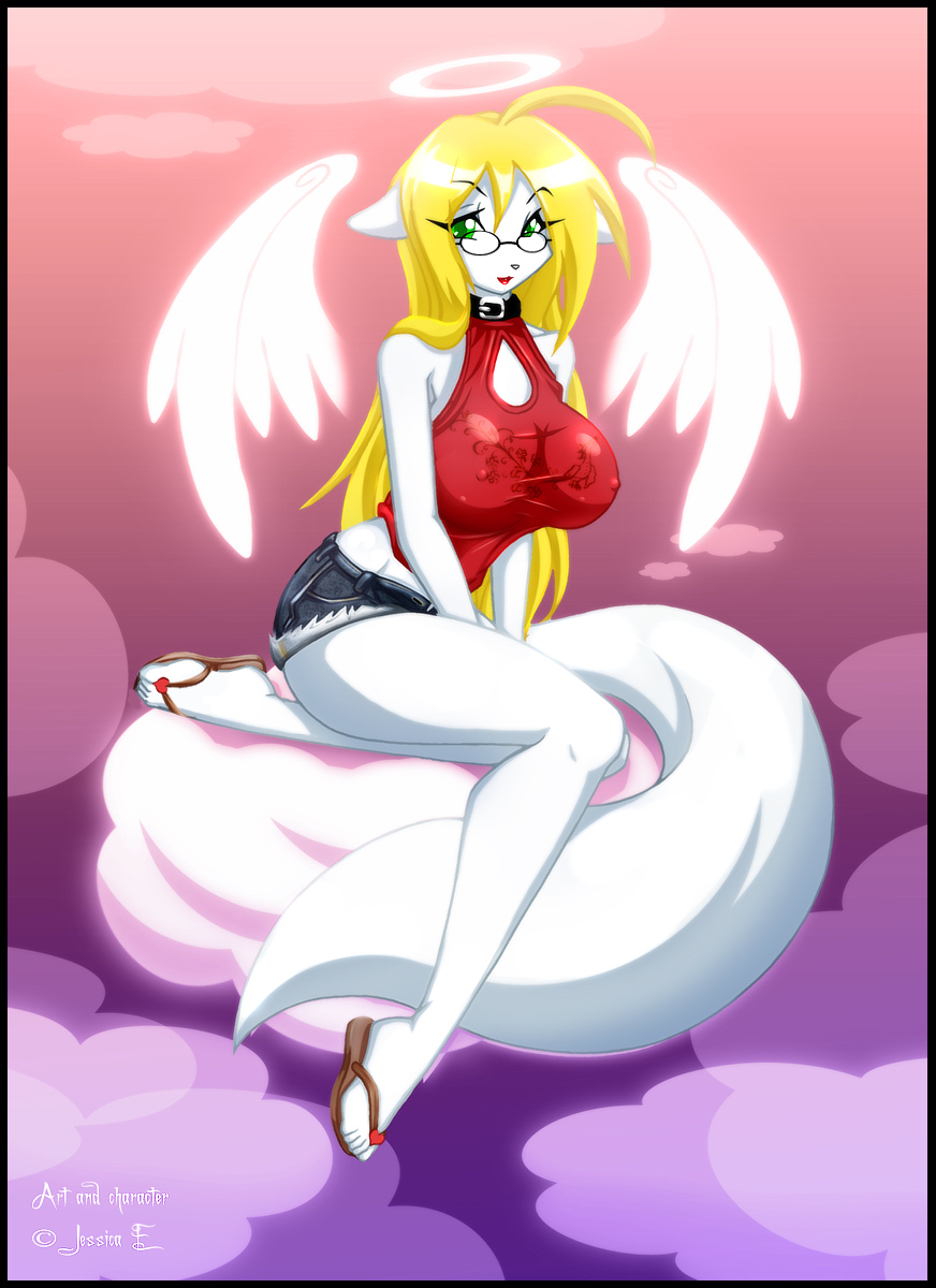 &hearts; angel big_breasts blonde_hair breasts clouds collar female glasses green_eyes hair jessica_elwood jessica_elwood_(character) looking_at_viewer nipples sandals shorts solo tank_top wings