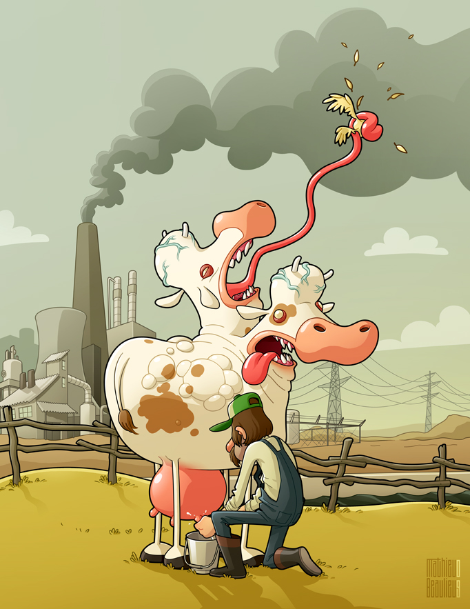 bird bovine breast_milking bucket cattle cloud clouds cow factory farmer feathers female lactating mammal mathieu_beaulieu milking mutant nightmare_fuel pasture power_lines smoke smokestack what