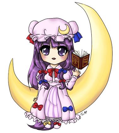 book bow crescent_moon female hat lowres moon patchouli_knowledge purple_eyes purple_hair touhou touhou_project