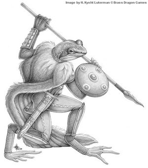 amphibian armor brass_dragon_games european frog kyoht_luterman male polearm shield spear sword targe warrior weapon
