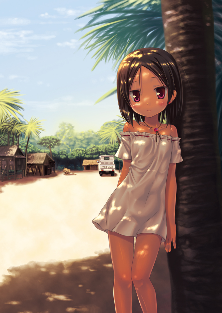 against_tree bare_shoulders blush breasts brown_hair child dappled_sunlight dark_skin day dress jewelry light_smile looking_at_viewer necklace original outdoors red_eyes sand short_hair small_breasts smile solo sunlight thigh_gap tree tree_shade yukino_minato