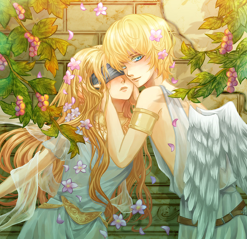 1girl angel_wings armband blindfold blonde_hair blue_eyes couple cupid food fruit grapes hands_on_another's_face hetero original psyche rosehearts wings