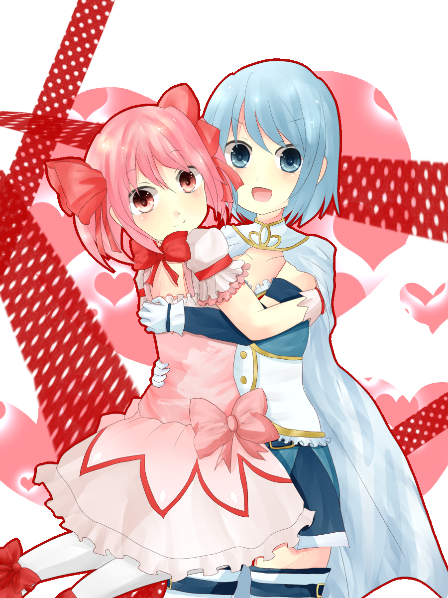 bad_id bad_pixiv_id blue_eyes blue_hair blush bow bubble_skirt cape dress gloves hair_bow happy heart highres hug kaname_madoka magical_girl mahou_shoujo_madoka_magica miki_sayaka minton11 multiple_girls open_mouth pink_eyes pink_hair short_hair short_twintails skirt smile thighhighs twintails