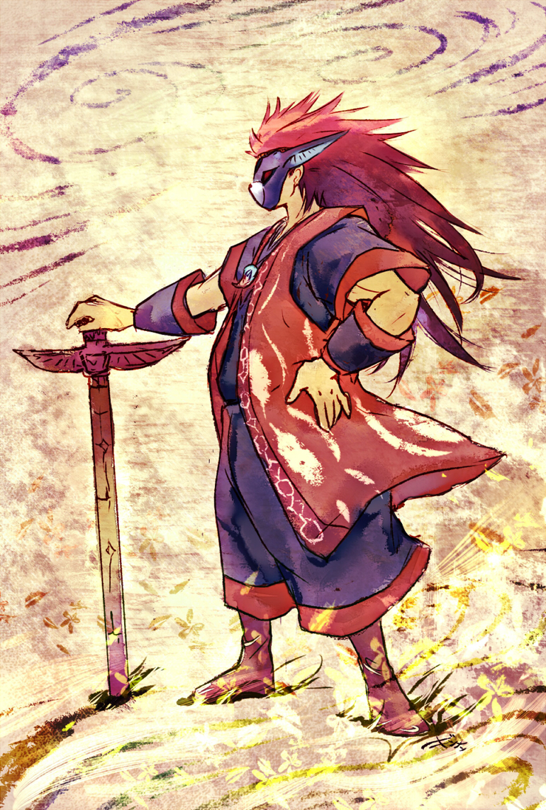 ginnan long_hair male_focus mask okikurumi_(ookami) ookami_(game) red_hair solo sword weapon