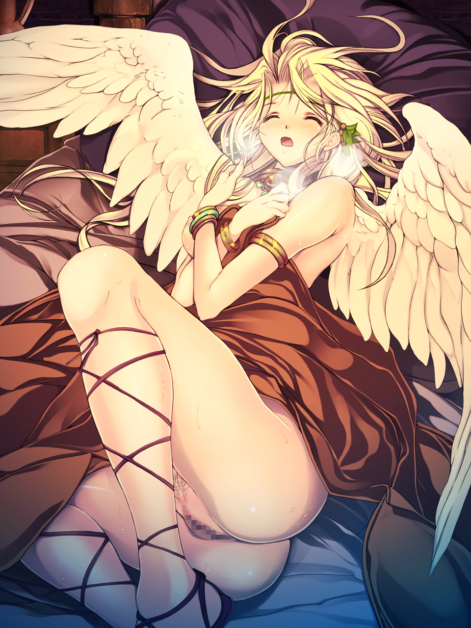 angel angel_wings ankle_lace-up armlet ass atashi_no_kakedashi_yuusha-sama bed bed_sheet blonde_hair blush bracelet breath censored closed_eyes covering cross-laced_footwear earrings feathered_wings fingernails head_wreath highres jewelry long_hair lying mosaic_censoring necklace nude_cover on_back open_mouth pillow pubic_hair pussy ribbon sandals shijimi_(osumashi) solo sweat white_wings wings