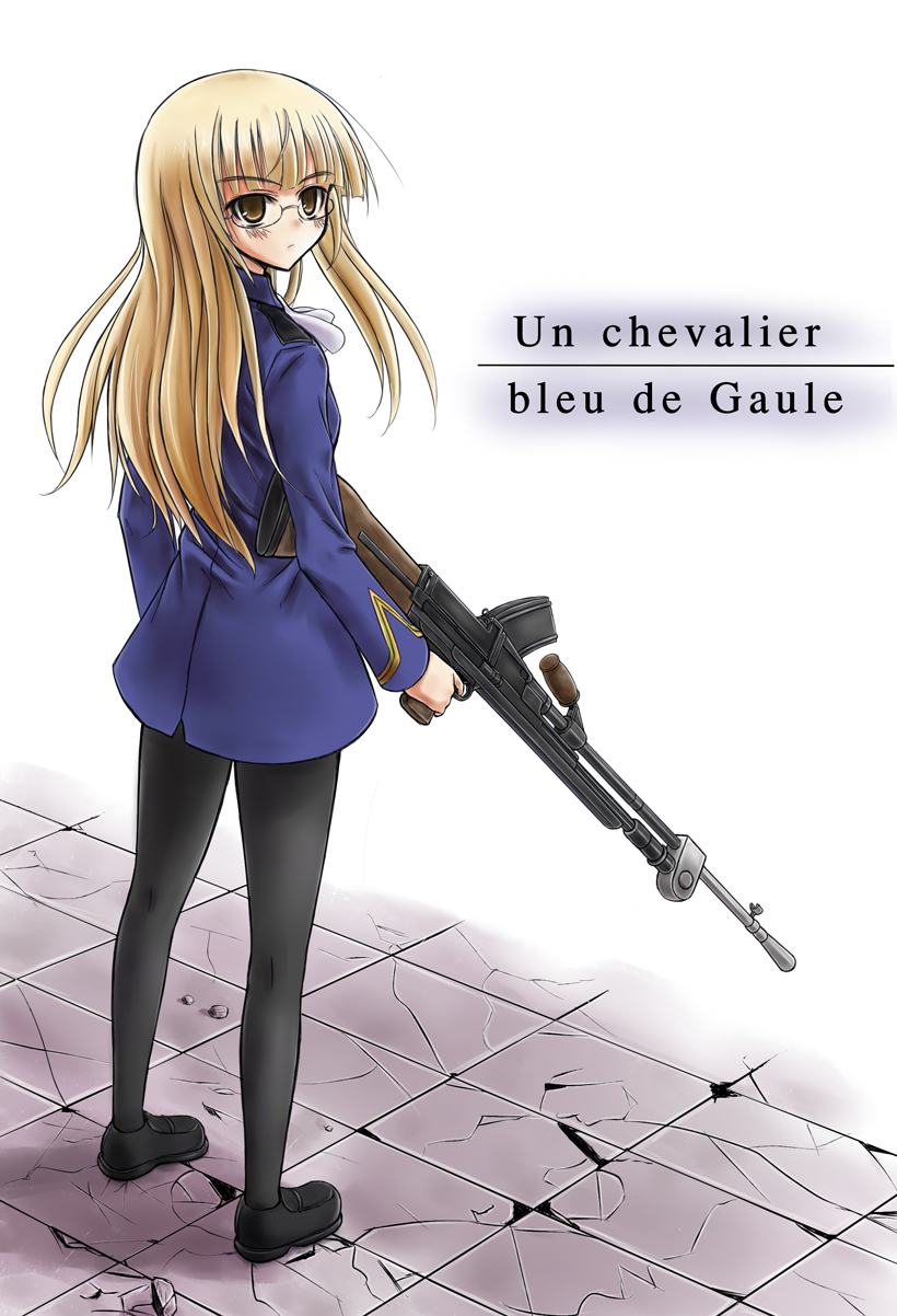 ascot black_legwear blonde_hair french glasses gun highres kneepits long_hair machine_gun masarou military military_uniform pantyhose perrine_h_clostermann solo strike_witches uniform weapon world_witches_series yellow_eyes