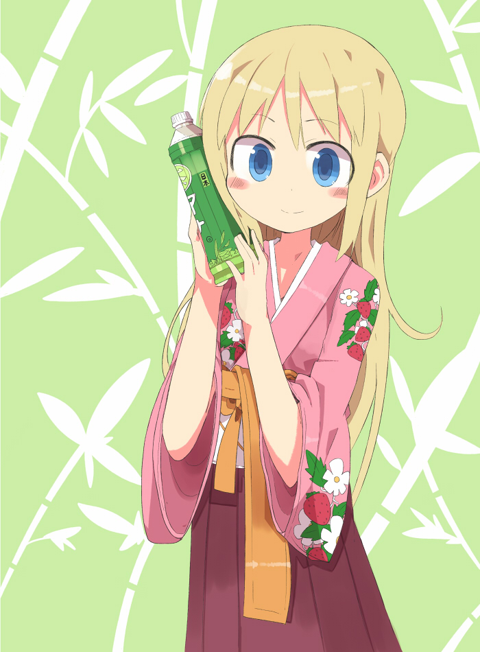 ana_coppola blonde_hair blue_eyes blush bottle ichigo_mashimaro japanese_clothes kanikama kimono long_hair solo