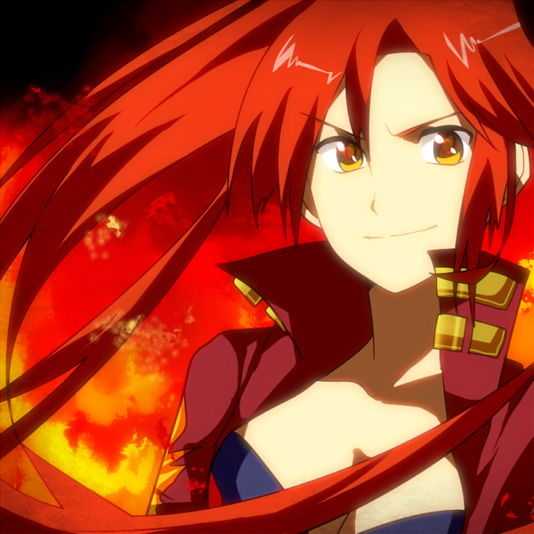 &gt;:) bad_id bad_pixiv_id bangs breasts cleavage close-up closed_mouth face fire flame floating_hair high_collar is2k331 jacket long_hair looking_at_viewer medium_breasts ponytail red_hair smile smirk solo tengen_toppa_gurren_lagann upper_body v-shaped_eyebrows wind yellow_eyes yoko_littner