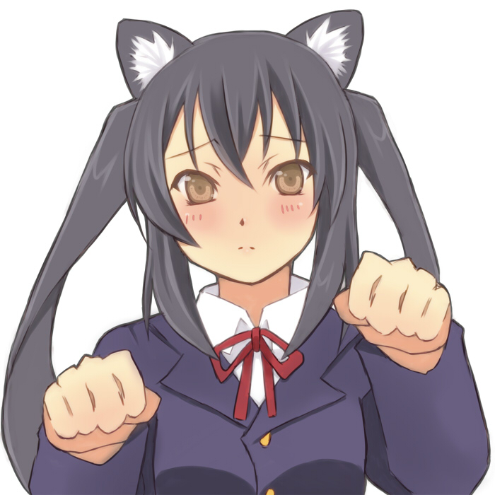 animal_ears bad_id bad_pixiv_id bangs black_hair blazer blush brown_eyes buttons cat_ears face flat_chest frown hands jacket k-on! kanaru kemonomimi_mode long_hair long_sleeves looking_at_viewer nakano_azusa neck_ribbon paw_pose ribbon school_uniform sidelocks simple_background solo twintails upper_body white_background