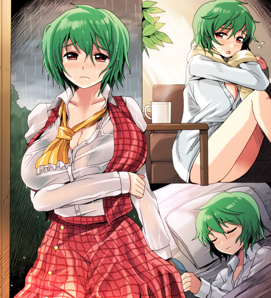 ascot blush bottomless breast_hold breasts cleavage cup green_hair huge_breasts inaho kazami_yuuka lying mug multiple_views naked_shirt no_pants on_bed pillow plaid plaid_skirt plaid_vest red_eyes shirt short_hair sitting skirt skirt_set sleeping tears touhou under_covers vest wet wet_clothes