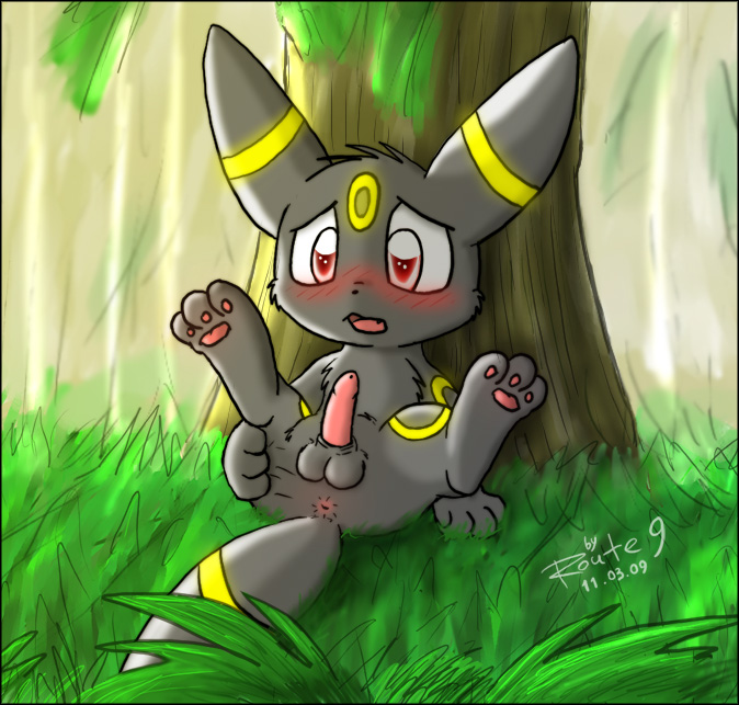 2009 anus blush fang forest hindpaw male outside penis pok&eacute;mon red_eyes route9 solo tree umbreon