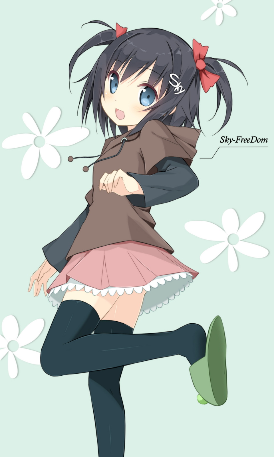black_hair black_legwear blue_eyes bow commentary_request flower hair_bow hair_ornament hairclip highres kantoku_(style) open_mouth original short_hair short_twintails skirt sky_(freedom) sky_(sky-freedom) slippers smile solo standing standing_on_one_leg thighhighs twintails zettai_ryouiki