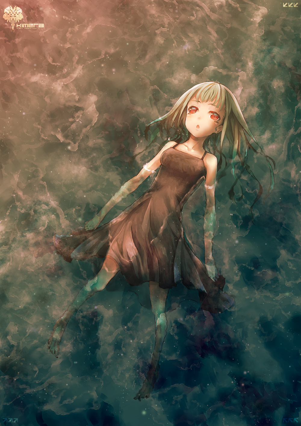 :o afloat bad_id bad_pixiv_id barefoot dress green_hair highres kimera original red_eyes solo sundress water wet wet_clothes