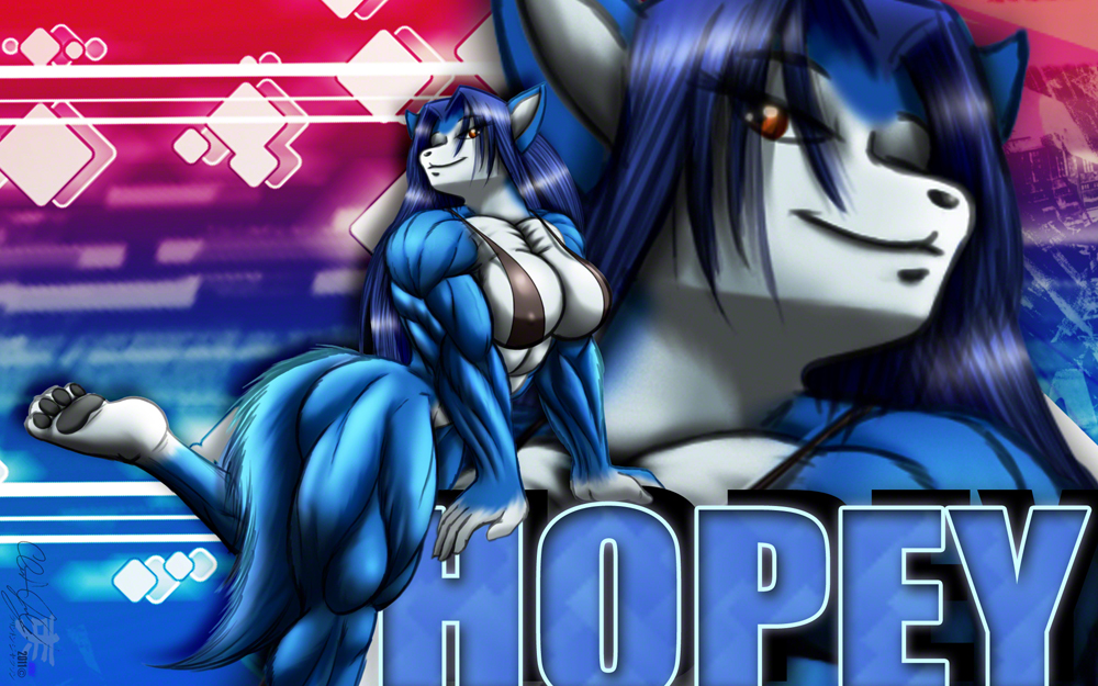abs anthro biceps big_breasts blue blue_fur blue_hair breasts butt canine cylnx female fur hair hopey long_hair mammal muscles muscular_female pose red_eyes solo standing tail wolf
