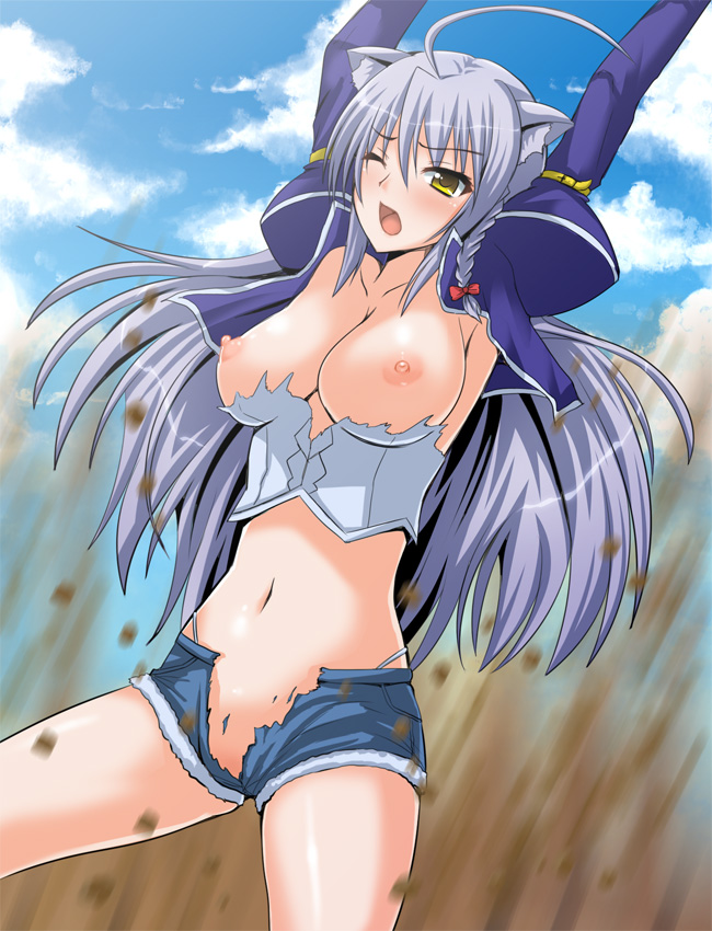 animal_ears arms_up blush braid breasts dog_days large_breasts leonmitchelli_galette_des_rois long_hair navel nipples no_bra one_eye_closed open_mouth panties shima-shuu shorts silver_hair solo torn_clothes underwear yellow_eyes