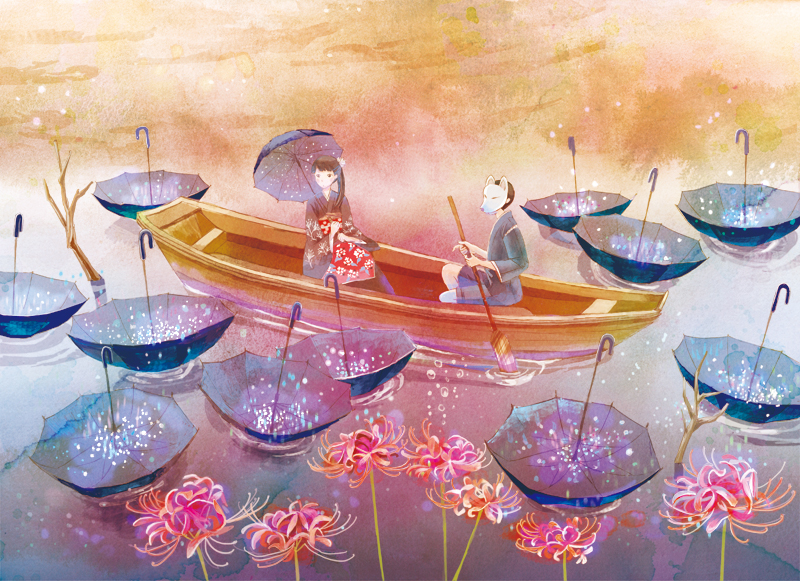 1girl boat flower fox_mask japanese_clothes kimono mask miyabe_sachi original rowboat rowing spider_lily umbrella watercraft