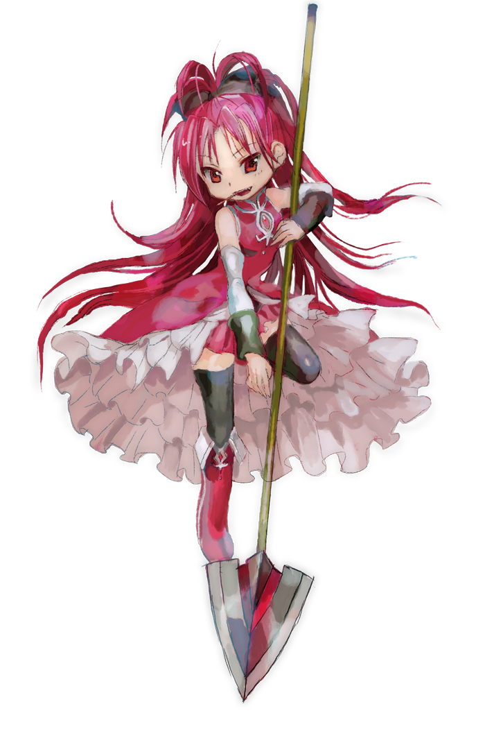 bad_id bad_pixiv_id bare_shoulders boots detached_sleeves food full_body knee_boots long_hair mahou_shoujo_madoka_magica pocky polearm ponytail red_eyes red_hair sakura_kyouko simple_background smile solo spear standing standing_on_one_leg thighhighs tomatika weapon zettai_ryouiki
