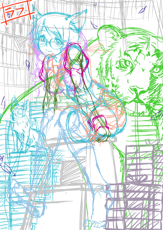 animal_ears bakemonogatari braid cat cat_ears glasses hanekawa_tsubasa monogatari_(series) nekomonogatari piro_(orip) sketch solo tiger work_in_progress