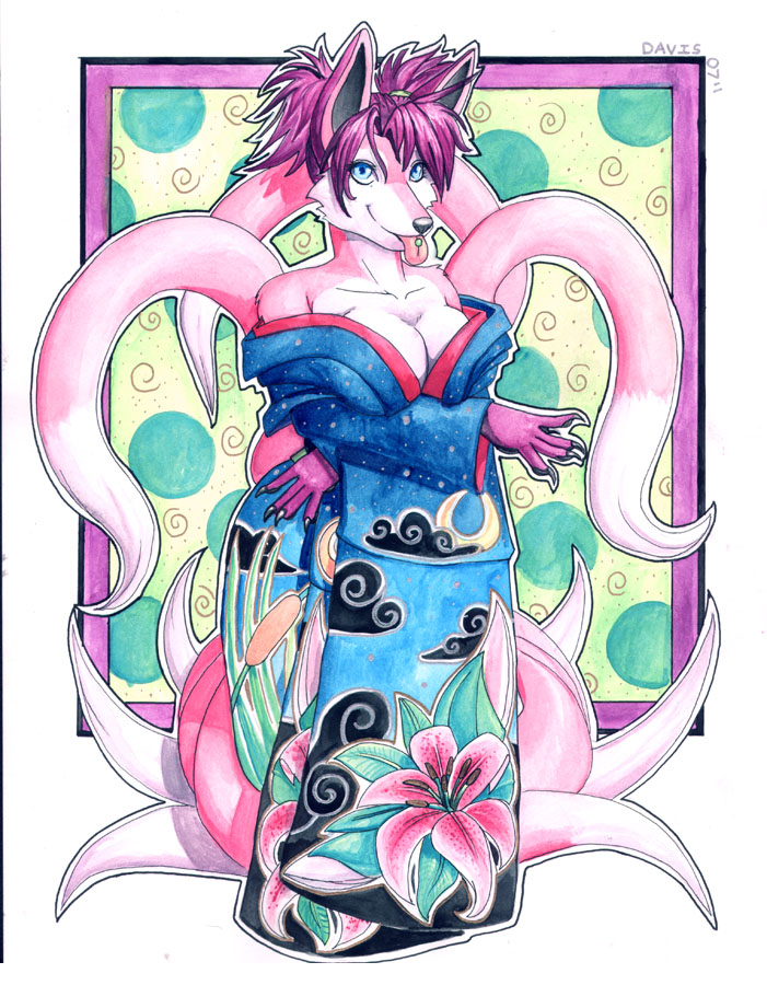 2007 big_breasts breasts canine cleavage female fox fursona japanese_clothing kimono kitsune multiple_tails piercing pink pinkuh pinkuh_(character) solo tail tongue tongue_piercing