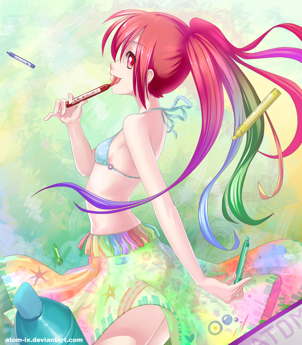 :p atomix bangs bare_arms bare_shoulders bikini_top colorful eyebrows_visible_through_hair flat_chest from_side gradient_hair highres holding long_hair looking_at_viewer looking_to_the_side marker multicolored multicolored_hair original profile rainbow_hair red_eyes solo tongue tongue_out twintails watermark web_address