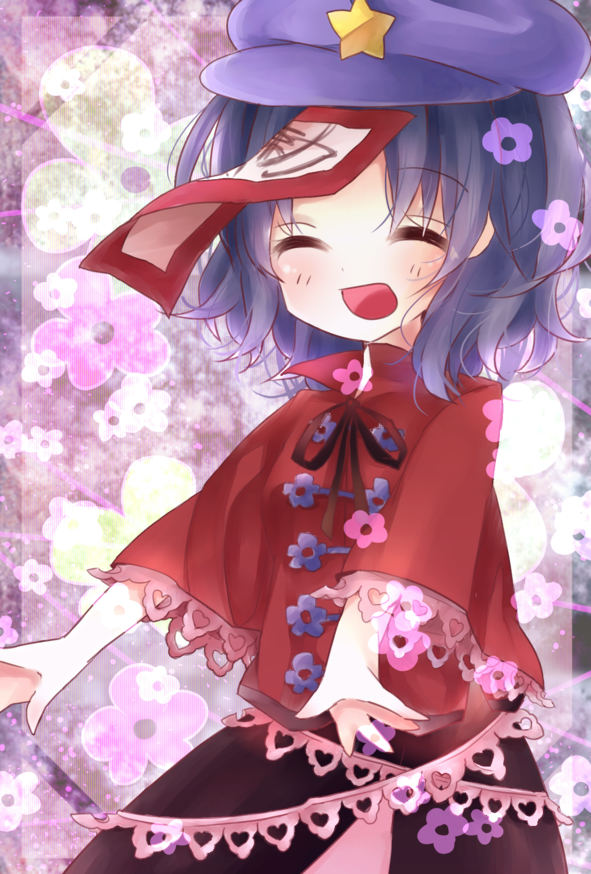 :d ^_^ beret blue_hair closed_eyes flower happy hat jiangshi miyako_yoshika ofuda open_mouth outstretched_arms pale_skin short_hair skirt smile solo star touhou yamone