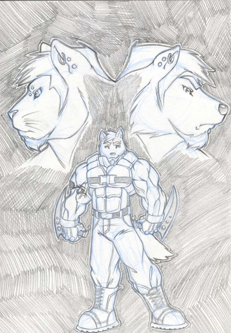 canine ear_piercing earring eyebrow_piercing feline grin lip_piercing male muscles piercing puma sketch solo standing tkc2021 wolf