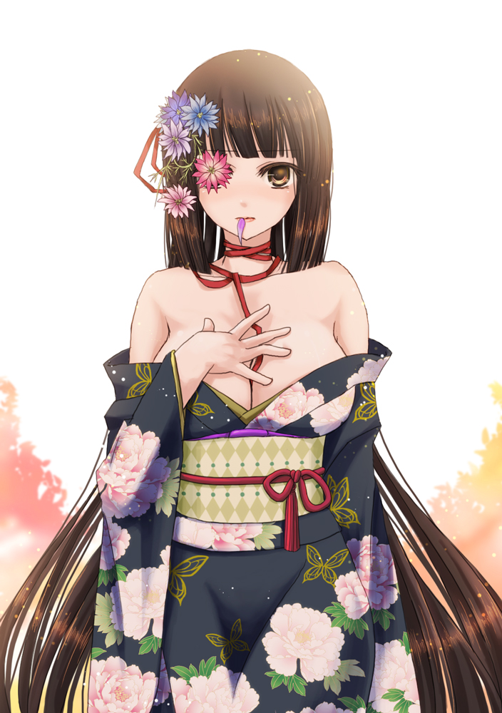 bangs bare_shoulders between_breasts blunt_bangs breasts brown_eyes brown_hair cleavage floral_print flower hair_flower hair_ornament hand_on_own_chest itsumoto_hiroharu japanese_clothes kimono large_breasts long_hair mouth_hold off_shoulder original petals ribbon solo very_long_hair
