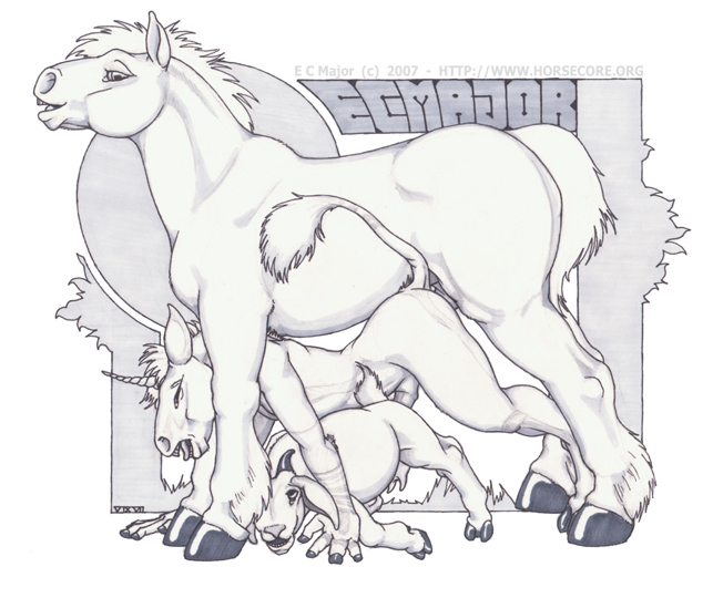 anthro_bestiality cascade ecmajor equine female feral goat hooves horse horsecock male penis sandwich sandwich_(sex) threesome unicorn