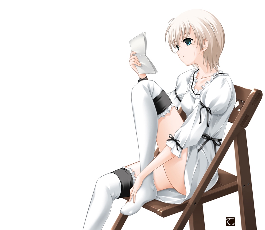 blonde_hair blue_eyes chair crying crying_with_eyes_open dress letter original reading ribbon sitting solo tears tebukuro thighhighs white_legwear