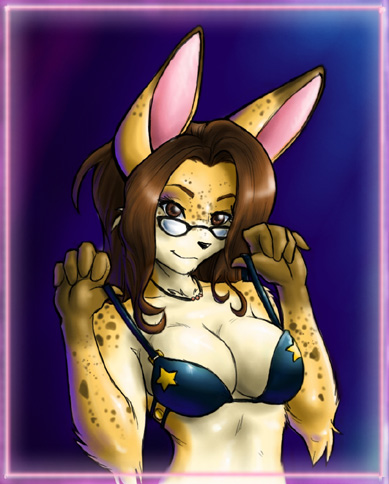 amanda_payne bikini black_nose brown brown_eyes brown_hair bust caracal cleavage cute dylan feline female glasses hair long_brown_hair long_hair looking_at_viewer lynx necklace skimpy solo spots white yellow