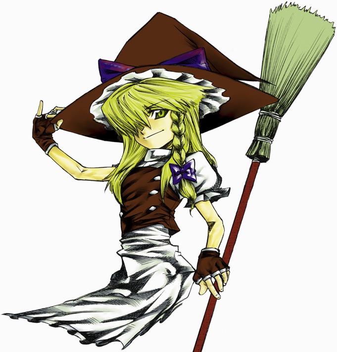 apron artist_request broom fingerless_gloves gloves hair_over_one_eye hand_on_headwear hat kirisame_marisa short_sleeves smile solo source_request touhou witch_hat