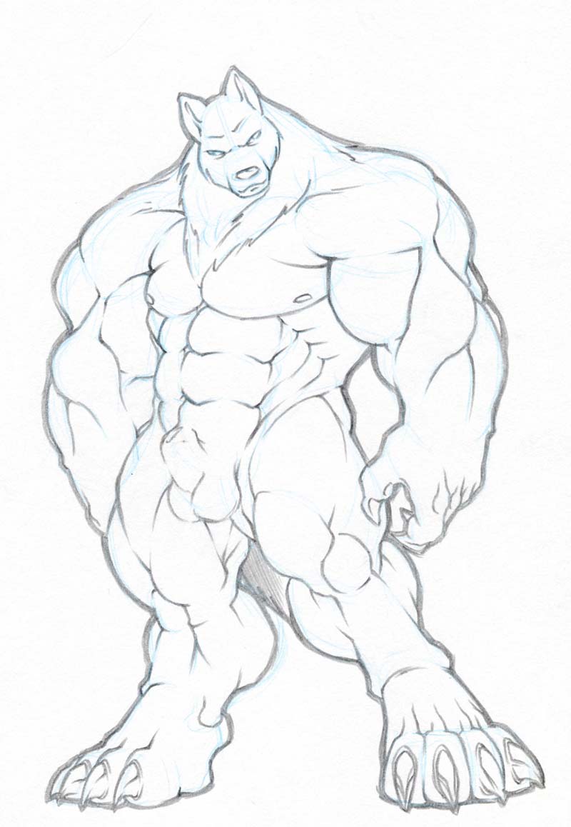 balls canine claws looking_at_viewer male muscles nude sketch solo standing tail tkc2021 wolf
