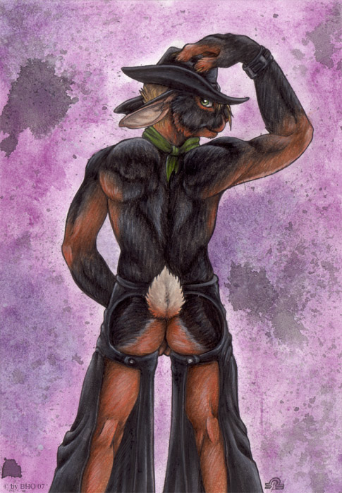 assless_chaps bloodhound_omega butt cowboy cowboy_hat hat lagomorph leather male muscles rabbit solo topless
