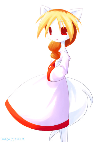 blonde_hair canine female fox hair long_blonde_hair long_hair ponytail red_eyes solo standing unknown_artist white